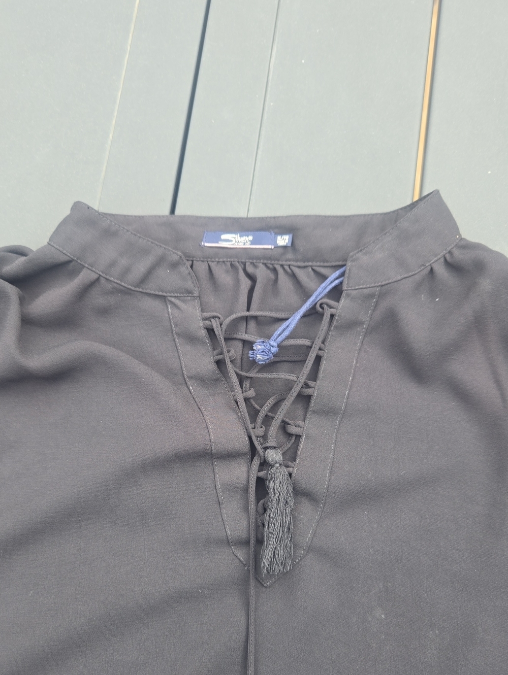 Silver Jeans Black Lace-Up Tassel Front Women's Top